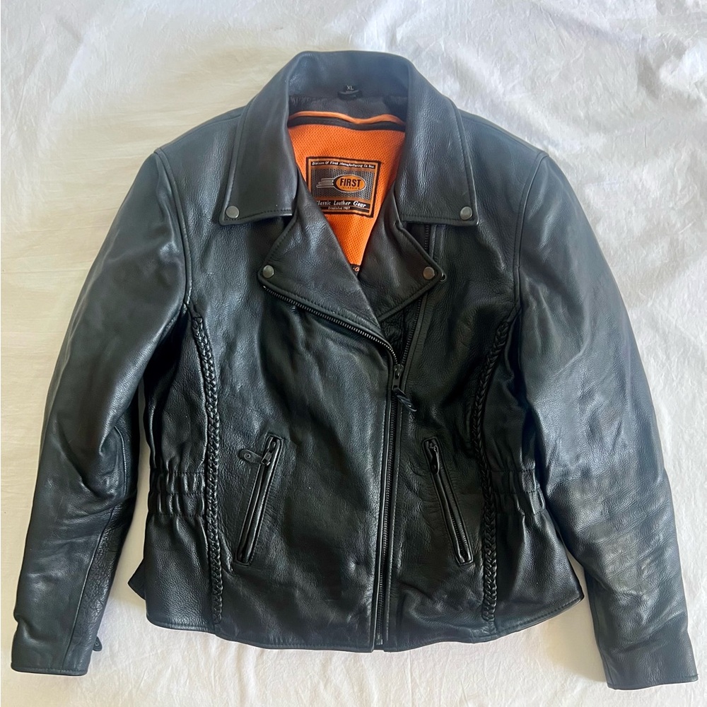 First Classics Leather Motorcycle Jacket Women's XL Black Biker with zip liner